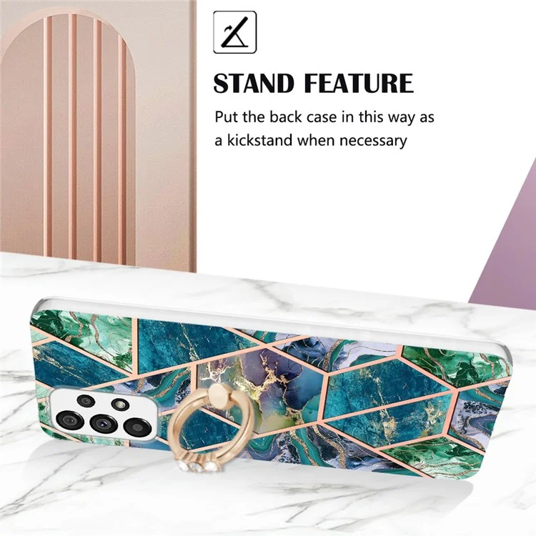 Étui de protection en TPU à motif marbre pour Samsung Galaxy A13 4G YB IMD Series-7, étui de téléphone avec anneau de protection anti-collision et support pivotant - Bleu/Vert