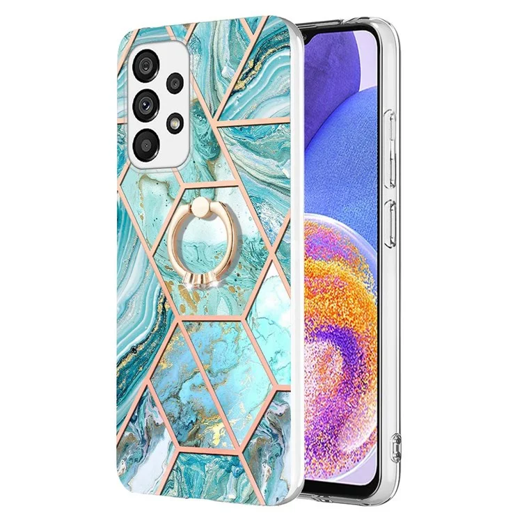 YB IMD Series-7 для Samsung Galaxy A23 5G (глобальная версия) / 4G Ring Kickstand TPU Cover Electroplating Marble Pattern IMD Phone Case Protector - Blue