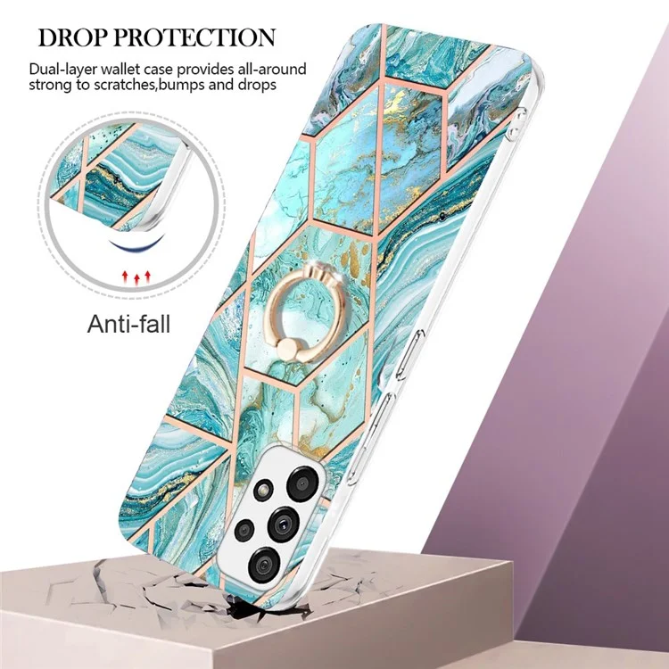 YB IMD Series-7 для Samsung Galaxy A23 5G (глобальная версия) / 4G Ring Kickstand TPU Cover Electroplating Marble Pattern IMD Phone Case Protector - Blue