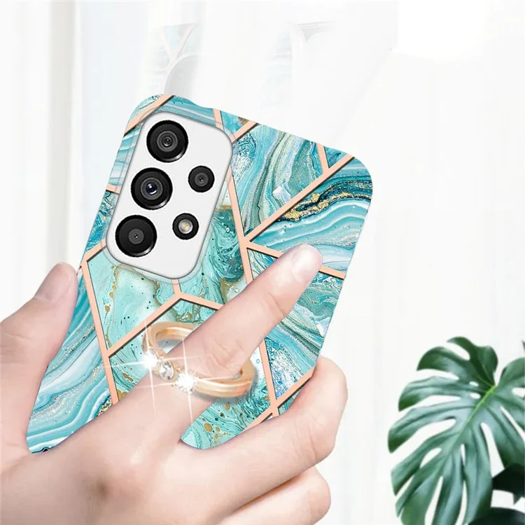 YB IMD Series-7 для Samsung Galaxy A23 5G (глобальная версия) / 4G Ring Kickstand TPU Cover Electroplating Marble Pattern IMD Phone Case Protector - Blue