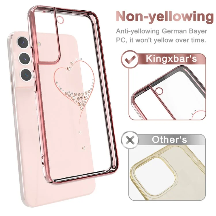 KINGXBAR for Samsung Galaxy S22 5G Gold Plated Frame Stylish Heart Rhinestone Decoration Electroplating Laser Carving Phone Case - Rose Gold