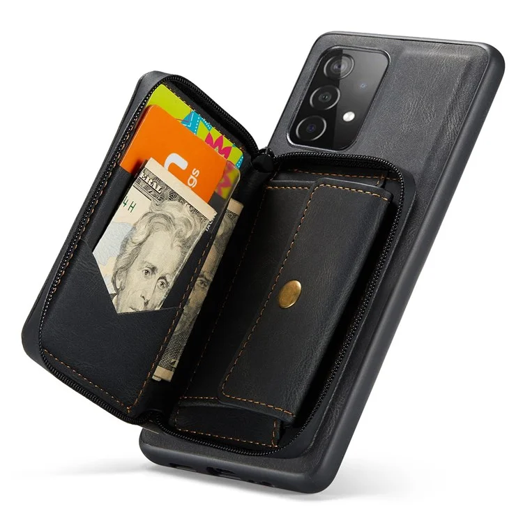 JEEHOOD For Samsung Galaxy A73 5G Detachable 2-in-1 Phone Case Magnetic Zipper Wallet Leather Coated TPU Shell with Kickstand - Black