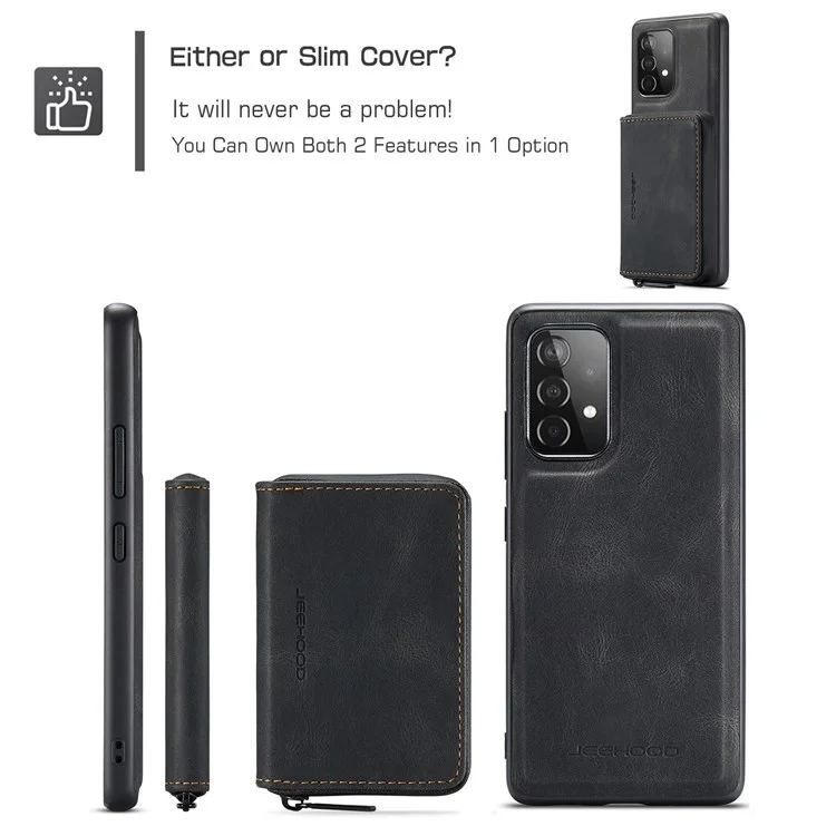 JEEHOOD For Samsung Galaxy A73 5G Detachable 2-in-1 Phone Case Magnetic Zipper Wallet Leather Coated TPU Shell with Kickstand - Black