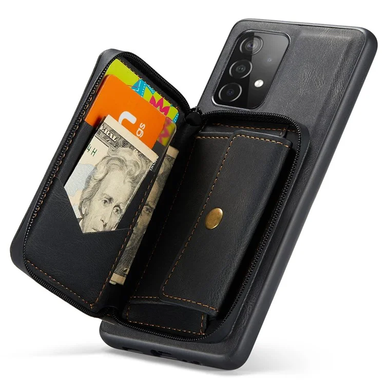 JEEHOOD For Samsung Galaxy A33 5G Zipper Wallet Kickstand Phone Case Detachable Magnetic Absorption Leather Coated TPU Cover - Black