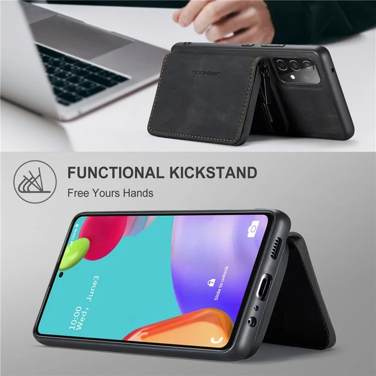 JEEHOOD For Samsung Galaxy A33 5G Zipper Wallet Kickstand Phone Case Detachable Magnetic Absorption Leather Coated TPU Cover - Black