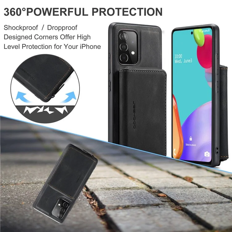 JEEHOOD For Samsung Galaxy A33 5G Zipper Wallet Kickstand Phone Case Detachable Magnetic Absorption Leather Coated TPU Cover - Black