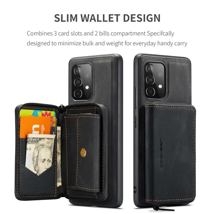 JEEHOOD For Samsung Galaxy A33 5G Zipper Wallet Kickstand Phone Case Detachable Magnetic Absorption Leather Coated TPU Cover - Black