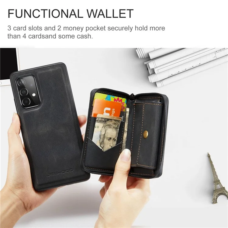 JEEHOOD For Samsung Galaxy A33 5G Zipper Wallet Kickstand Phone Case Detachable Magnetic Absorption Leather Coated TPU Cover - Black
