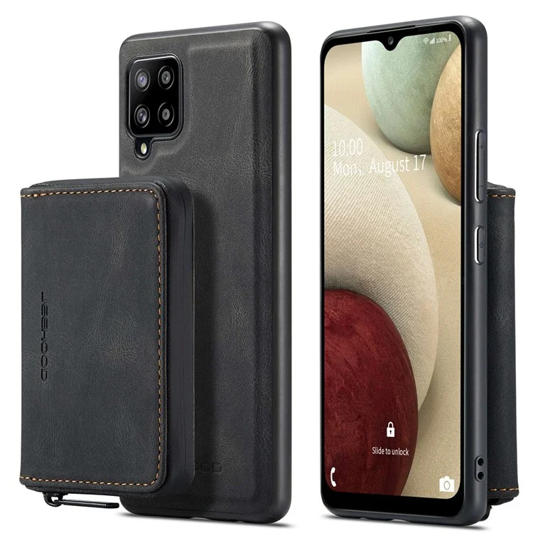 JEEHOOD For Samsung Galaxy A22 4G (EU Version) Kickstand Phone Case Detachable Zipper Wallet Leather Coated TPU Cover - Black