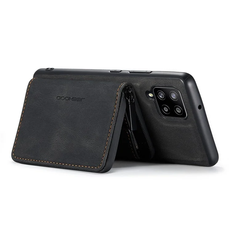 JEEHOOD For Samsung Galaxy A22 4G (EU Version) Kickstand Phone Case Detachable Zipper Wallet Leather Coated TPU Cover - Black