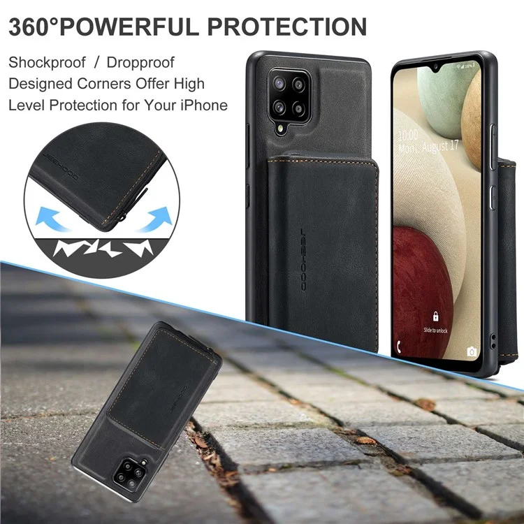 JEEHOOD For Samsung Galaxy A22 4G (EU Version) Kickstand Phone Case Detachable Zipper Wallet Leather Coated TPU Cover - Black