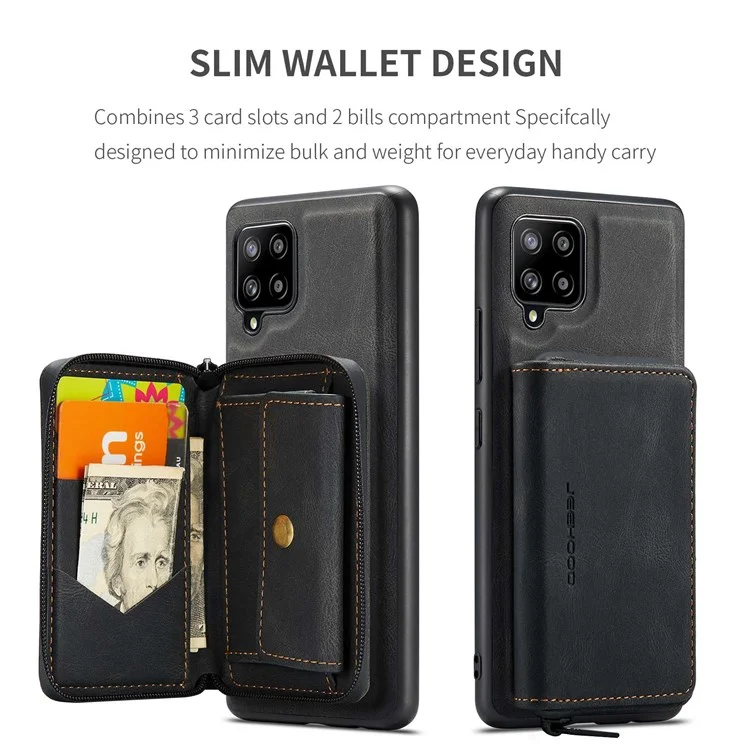 JEEHOOD For Samsung Galaxy A22 4G (EU Version) Kickstand Phone Case Detachable Zipper Wallet Leather Coated TPU Cover - Black