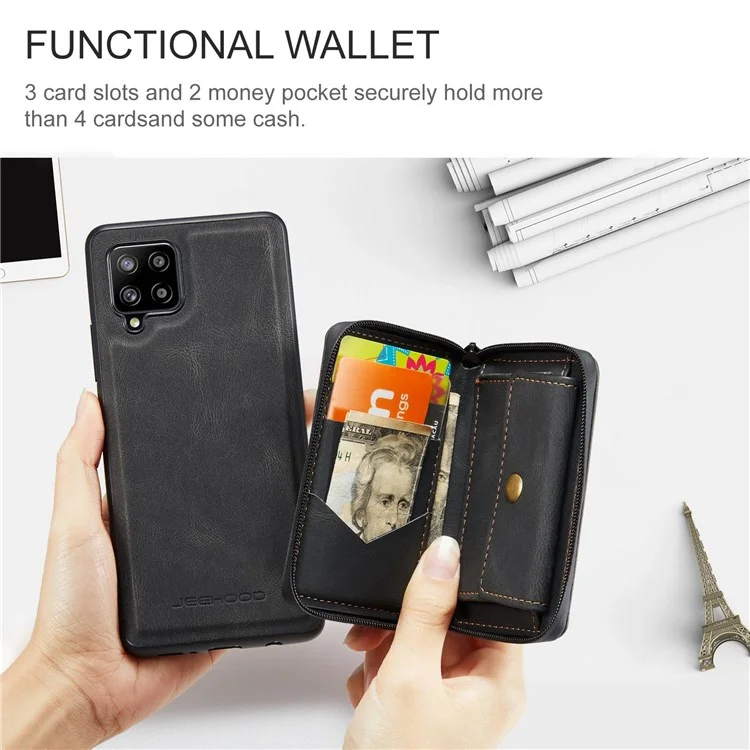 JEEHOOD For Samsung Galaxy A22 4G (EU Version) Kickstand Phone Case Detachable Zipper Wallet Leather Coated TPU Cover - Black