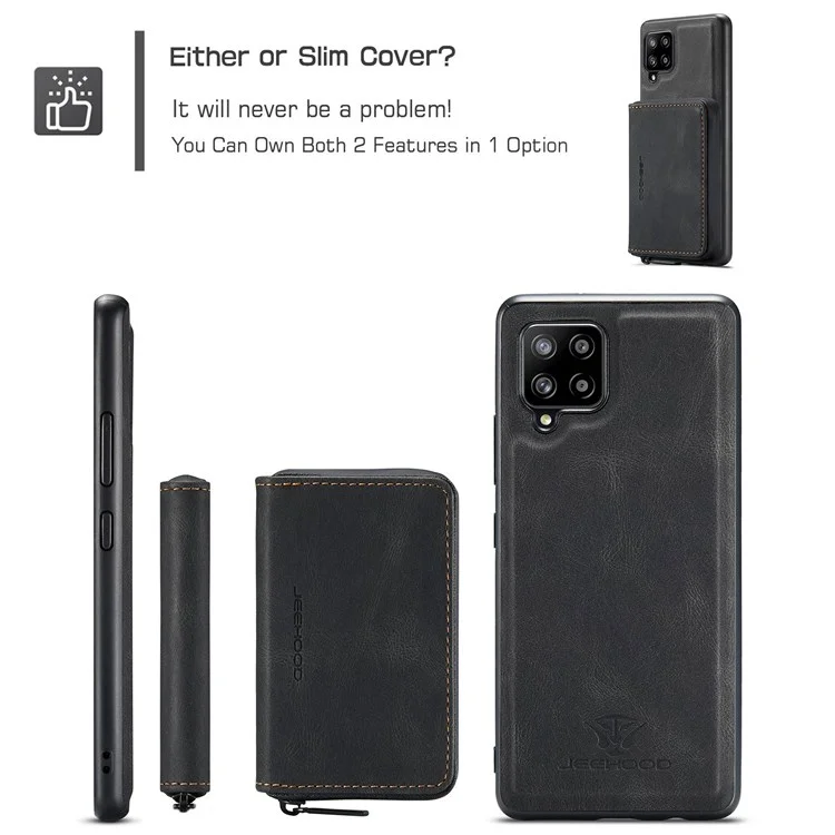 JEEHOOD For Samsung Galaxy A22 4G (EU Version) Kickstand Phone Case Detachable Zipper Wallet Leather Coated TPU Cover - Black