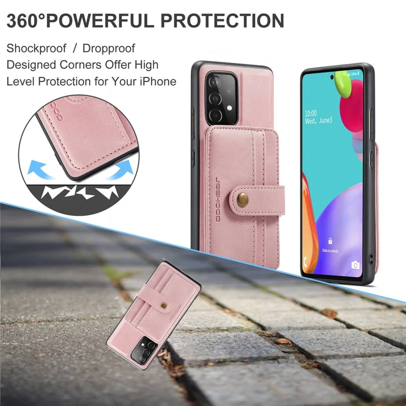 JEEHOOD for Samsung Galaxy A53 5G Detachable 2-in-1 Wallet Design RFID Blocking Leather Coated TPU Phone Case Cover - Pink