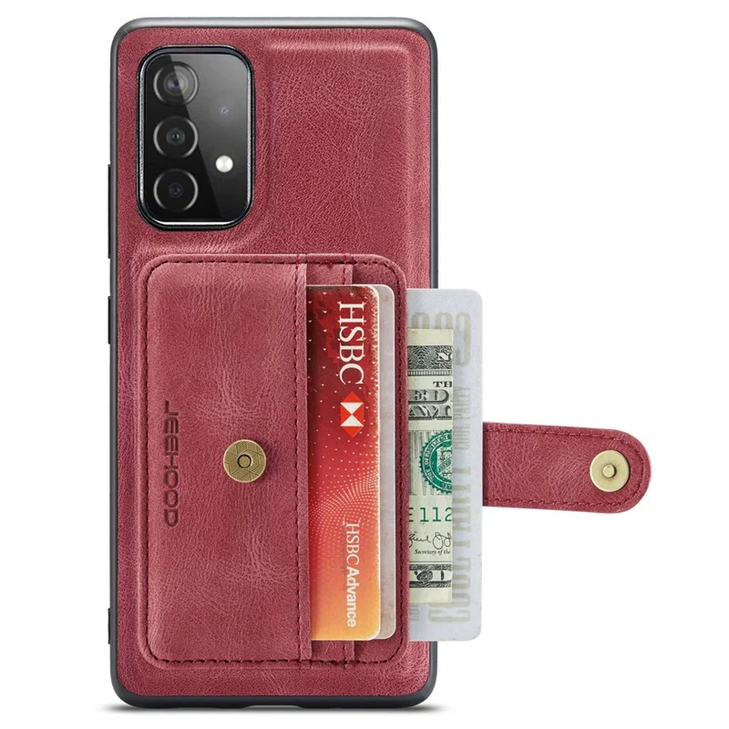 JEEHOOD for Samsung Galaxy A73 5G RFID Blocking Detachable 2-in-1 Magnetic Anti-fall Wallet Design Leather Coated TPU Phone Case Shell - Red