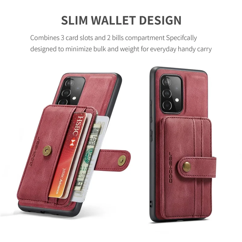 JEEHOOD for Samsung Galaxy A73 5G RFID Blocking Detachable 2-in-1 Magnetic Anti-fall Wallet Design Leather Coated TPU Phone Case Shell - Red
