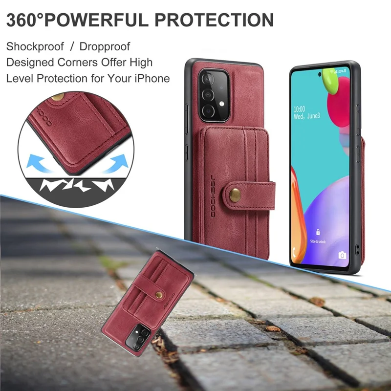 JEEHOOD for Samsung Galaxy A73 5G RFID Blocking Detachable 2-in-1 Magnetic Anti-fall Wallet Design Leather Coated TPU Phone Case Shell - Red