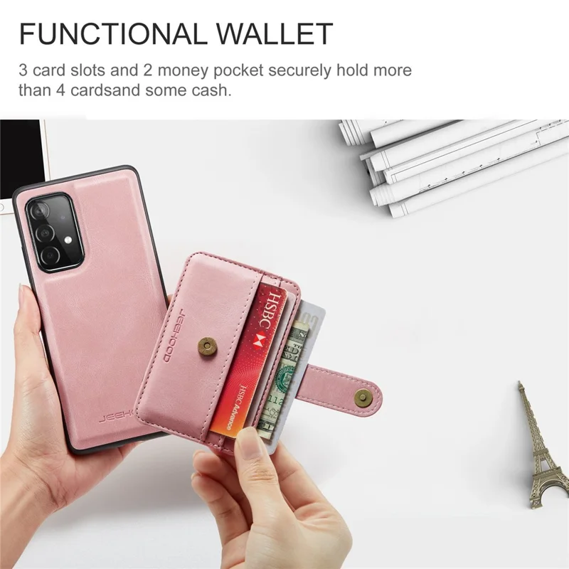 JEEHOOD for Samsung Galaxy A33 5G Leather Coated TPU Cover Anti-fall Detachable 2-in-1 Wallet Function RFID Blocking Phone Case Cover - Pink