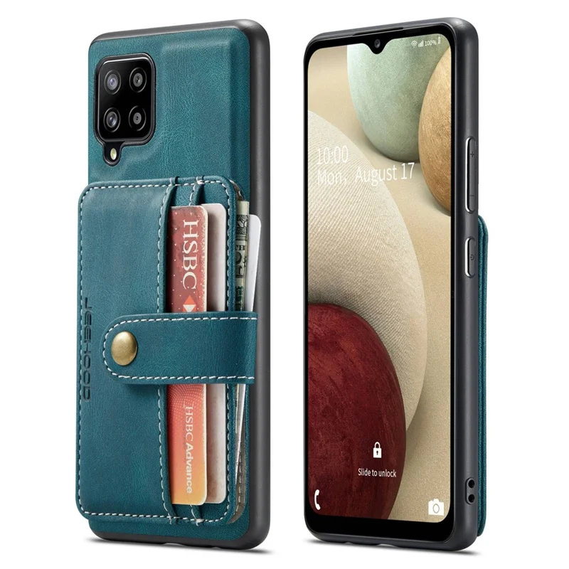 JEEHOOD for Samsung Galaxy A12 Strong Magnet Wallet Detachable Design Phone Protector Leather Coated TPU RFID Blocking Case - Blue
