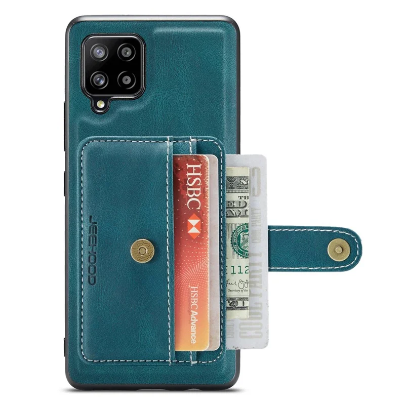 JEEHOOD for Samsung Galaxy A12 Strong Magnet Wallet Detachable Design Phone Protector Leather Coated TPU RFID Blocking Case - Blue