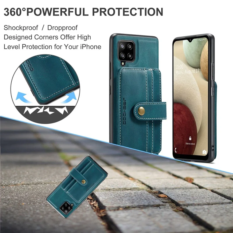 JEEHOOD for Samsung Galaxy A12 Strong Magnet Wallet Detachable Design Phone Protector Leather Coated TPU RFID Blocking Case - Blue
