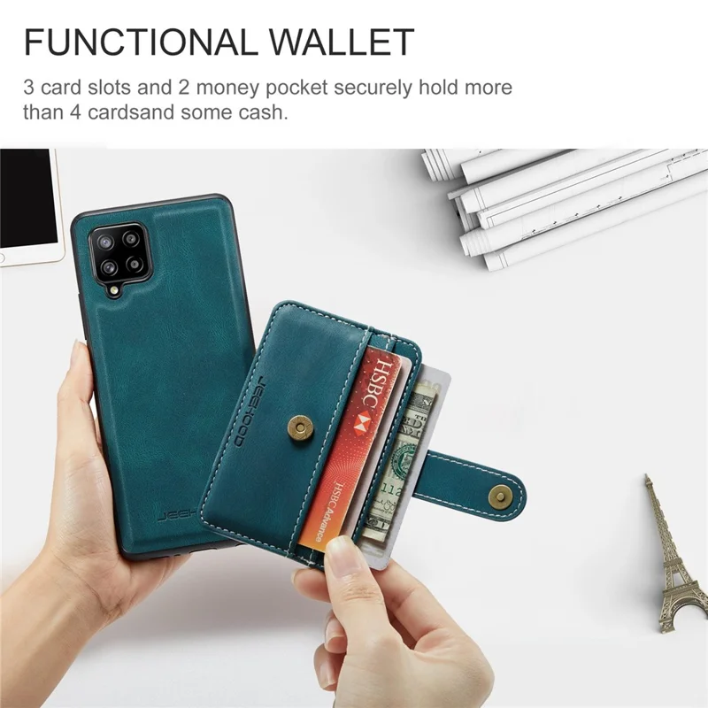 JEEHOOD for Samsung Galaxy A12 Strong Magnet Wallet Detachable Design Phone Protector Leather Coated TPU RFID Blocking Case - Blue