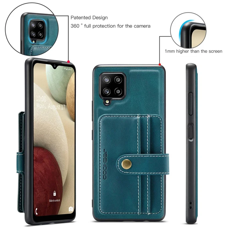 JEEHOOD for Samsung Galaxy A12 Strong Magnet Wallet Detachable Design Phone Protector Leather Coated TPU RFID Blocking Case - Blue