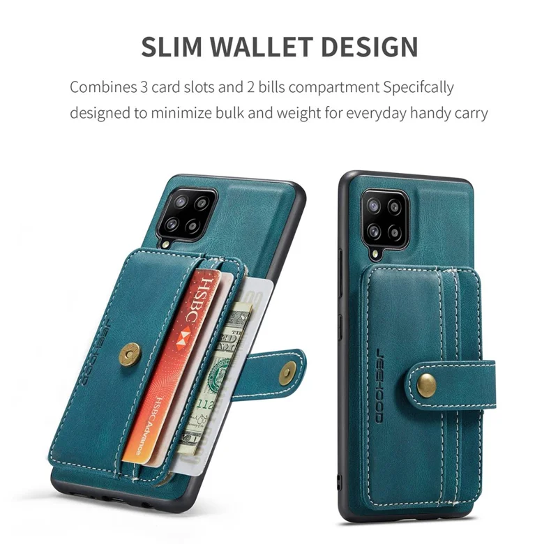 JEEHOOD for Samsung Galaxy A12 Strong Magnet Wallet Detachable Design Phone Protector Leather Coated TPU RFID Blocking Case - Blue