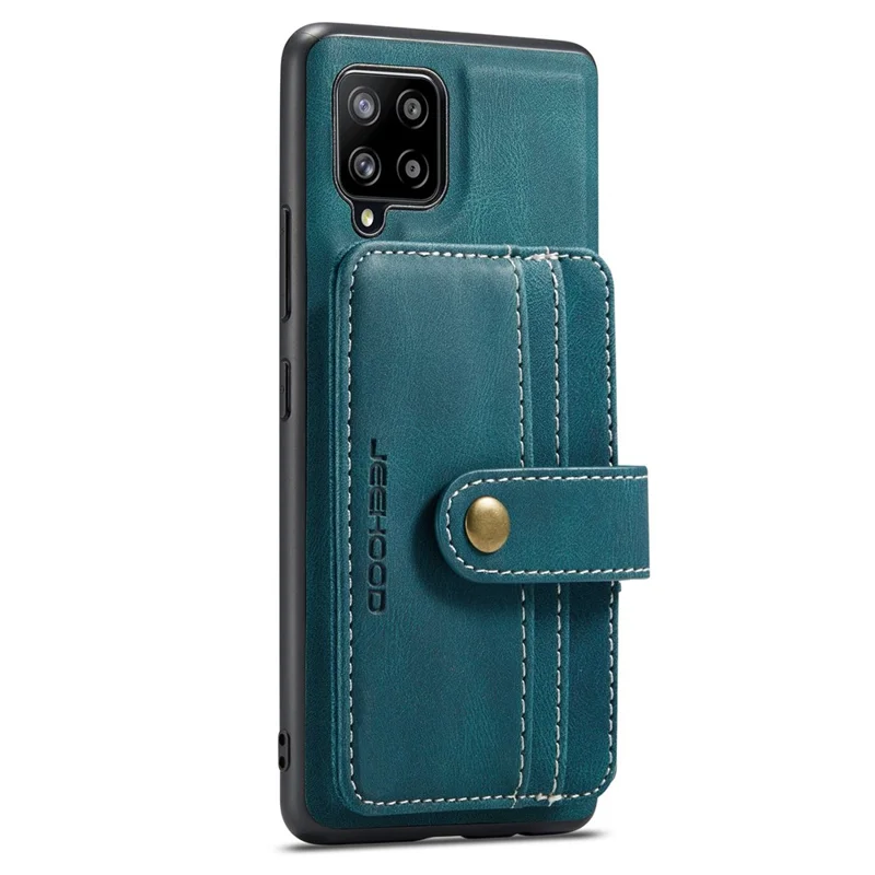 JEEHOOD for Samsung Galaxy A12 Strong Magnet Wallet Detachable Design Phone Protector Leather Coated TPU RFID Blocking Case - Blue