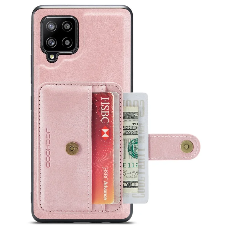 JEEHOOD for Samsung Galaxy A22 4G (EU Version) Drop-proof Anti-scratch Magnetic Wallet Detachable Design Cover Leather Coated TPU RFID Blocking Phone Case - Pink