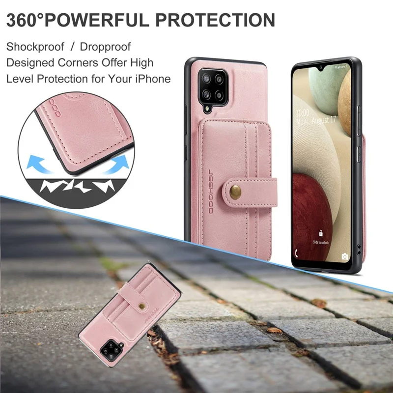 JEEHOOD for Samsung Galaxy A22 4G (EU Version) Drop-proof Anti-scratch Magnetic Wallet Detachable Design Cover Leather Coated TPU RFID Blocking Phone Case - Pink