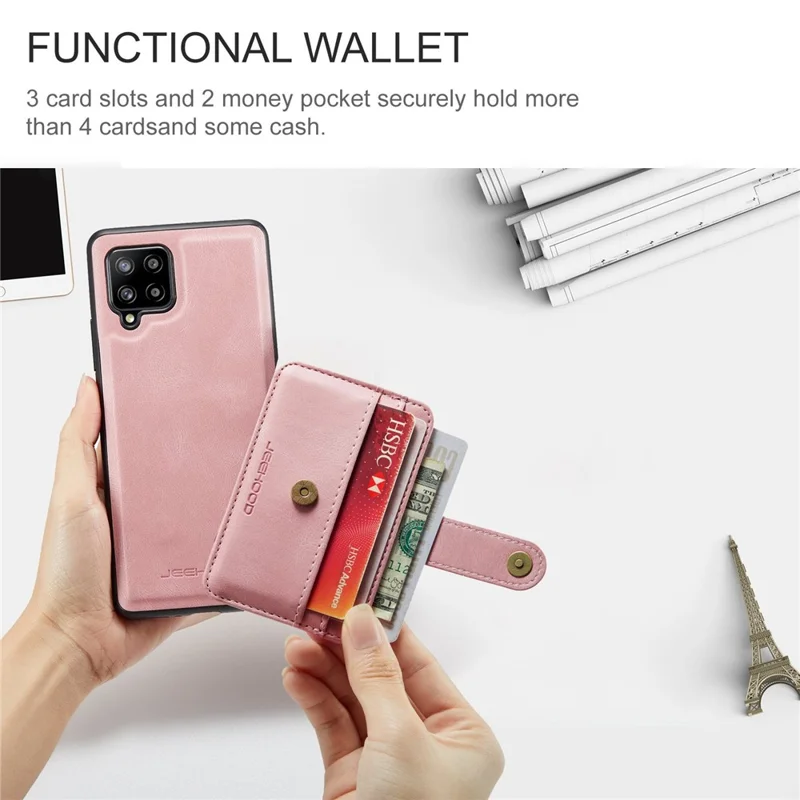 JEEHOOD for Samsung Galaxy A22 4G (EU Version) Drop-proof Anti-scratch Magnetic Wallet Detachable Design Cover Leather Coated TPU RFID Blocking Phone Case - Pink