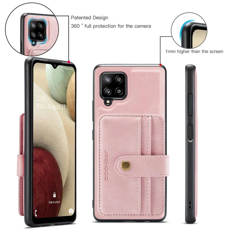 JEEHOOD for Samsung Galaxy A22 4G (EU Version) Drop-proof Anti-scratch Magnetic Wallet Detachable Design Cover Leather Coated TPU RFID Blocking Phone Case - Pink