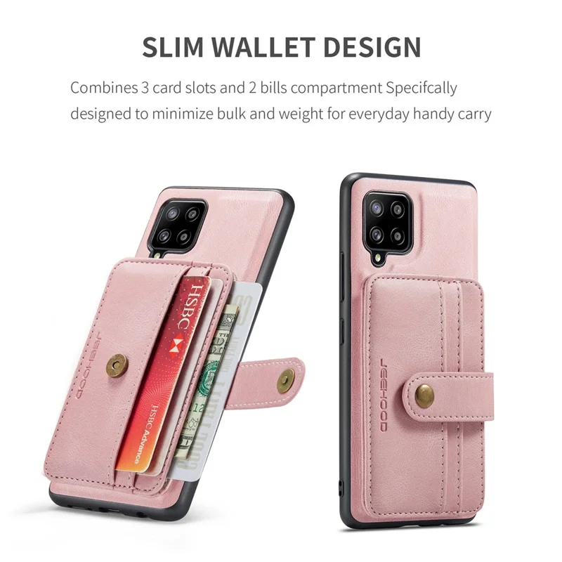 JEEHOOD for Samsung Galaxy A22 4G (EU Version) Drop-proof Anti-scratch Magnetic Wallet Detachable Design Cover Leather Coated TPU RFID Blocking Phone Case - Pink