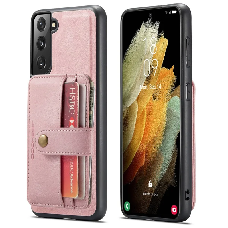 JEEHOOD Detachable Case for Samsung Galaxy S21 4G/5G Wallet Function Leather Coated TPU RFID Blocking Mobile Phone Shell - Pink