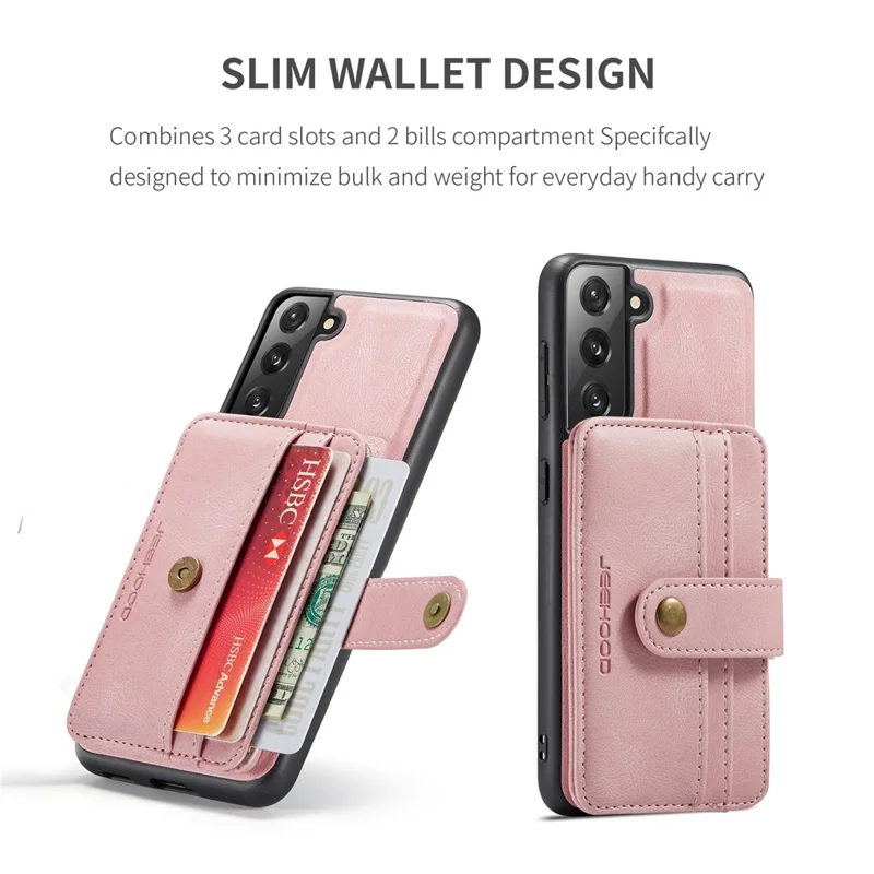 JEEHOOD Detachable Case for Samsung Galaxy S21 4G/5G Wallet Function Leather Coated TPU RFID Blocking Mobile Phone Shell - Pink