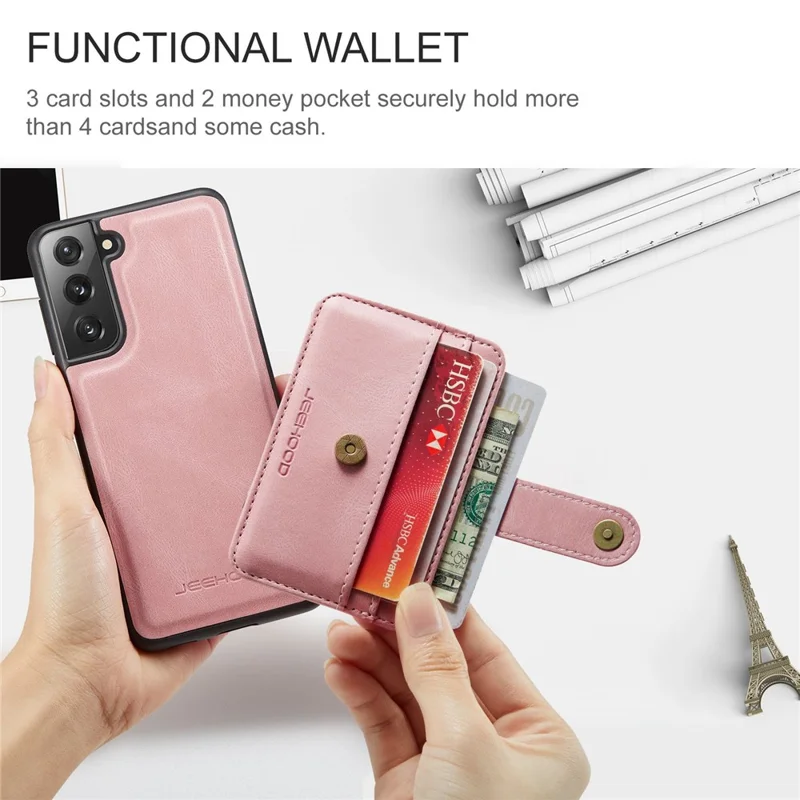 JEEHOOD Detachable Case for Samsung Galaxy S21 4G/5G Wallet Function Leather Coated TPU RFID Blocking Mobile Phone Shell - Pink