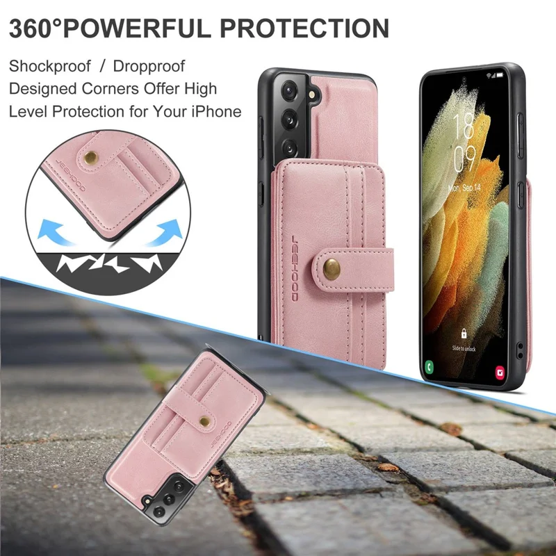 JEEHOOD Detachable Case for Samsung Galaxy S21 4G/5G Wallet Function Leather Coated TPU RFID Blocking Mobile Phone Shell - Pink