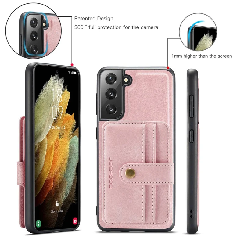 JEEHOOD Detachable Case for Samsung Galaxy S21 4G/5G Wallet Function Leather Coated TPU RFID Blocking Mobile Phone Shell - Pink