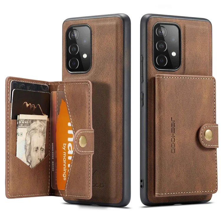 JEEHOOD For Samsung Galaxy A32 5G/M32 5G Magnetic Wallet Phone Cover Detachable Leather Coated TPU Kickstand Phone Case - Brown