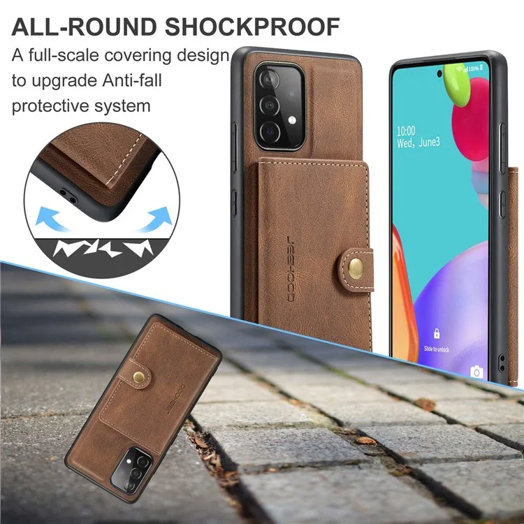 JEEHOOD For Samsung Galaxy A32 5G/M32 5G Magnetic Wallet Phone Cover Detachable Leather Coated TPU Kickstand Phone Case - Brown