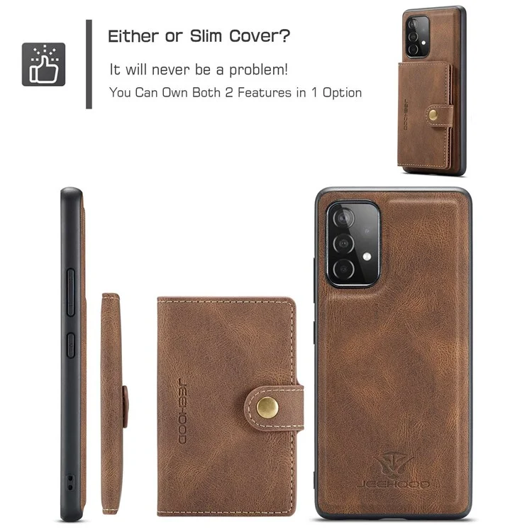 JEEHOOD For Samsung Galaxy A32 5G/M32 5G Magnetic Wallet Phone Cover Detachable Leather Coated TPU Kickstand Phone Case - Brown