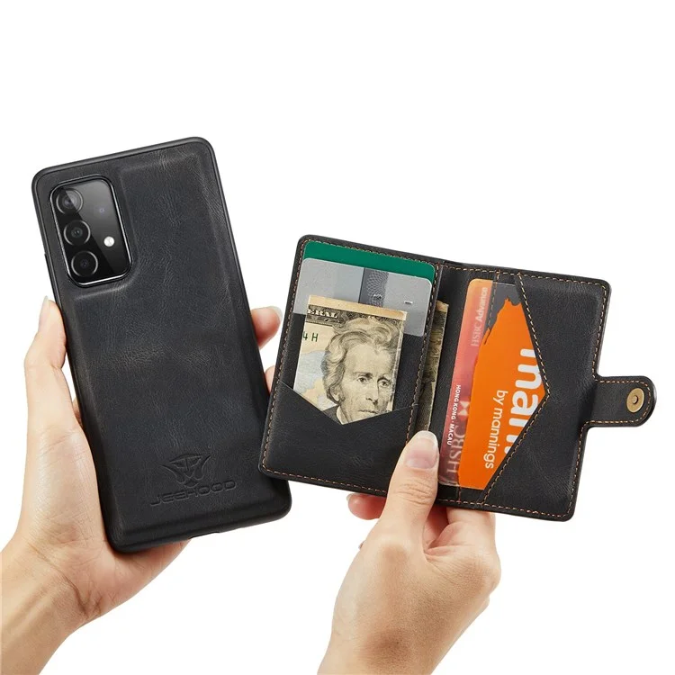 JEEHOOD For Samsung Galaxy A32 4G (EU Version) Detachable Magnetic Absorption Wallet Phone Cover Leather Coated TPU Case with Kickstand - Black
