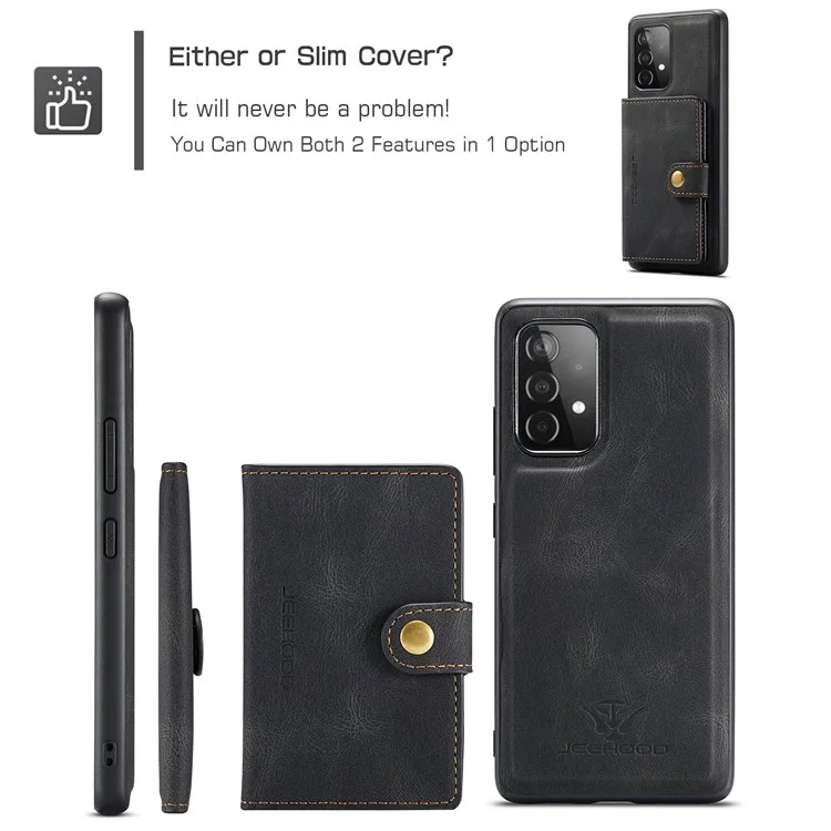 JEEHOOD For Samsung Galaxy A32 4G (EU Version) Detachable Magnetic Absorption Wallet Phone Cover Leather Coated TPU Case with Kickstand - Black