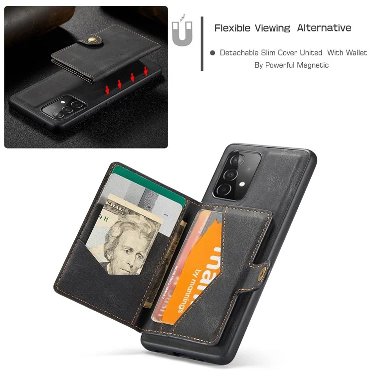 JEEHOOD For Samsung Galaxy A32 4G (EU Version) Detachable Magnetic Absorption Wallet Phone Cover Leather Coated TPU Case with Kickstand - Black