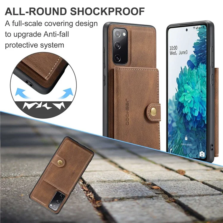 JEEHOOD For Samsung Galaxy S20 FE 2022/S20 FE 4G/S20 FE 5G/S20 Lite Wallet Kickstand Cover Detachable 2-in-1 PU Leather Coated TPU Phone Case - Brown