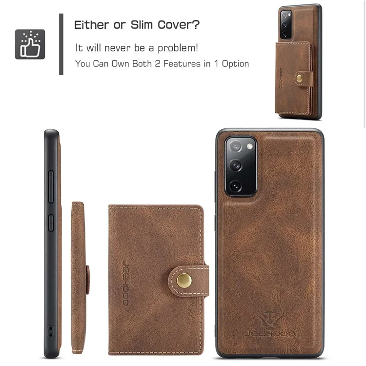 JEEHOOD For Samsung Galaxy S20 FE 2022/S20 FE 4G/S20 FE 5G/S20 Lite Wallet Kickstand Cover Detachable 2-in-1 PU Leather Coated TPU Phone Case - Brown