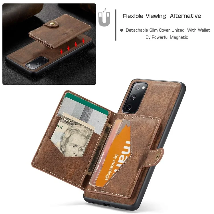 JEEHOOD For Samsung Galaxy S20 FE 2022/S20 FE 4G/S20 FE 5G/S20 Lite Wallet Kickstand Cover Detachable 2-in-1 PU Leather Coated TPU Phone Case - Brown