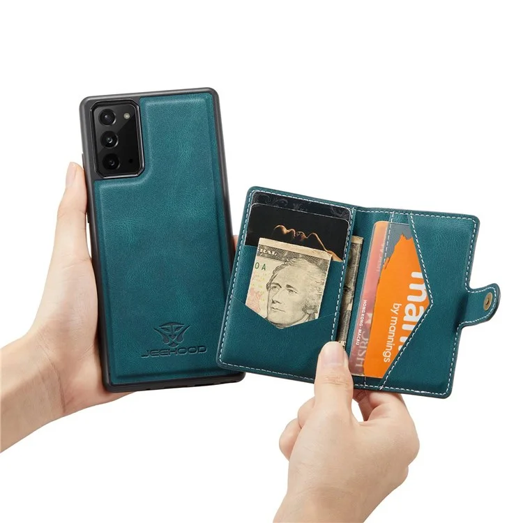 JEEHOOD For Samsung Galaxy Note20 4G/Note20 5G Detachable Leather Coated TPU Case Kickstand Wallet Phone Protective Cover - Green